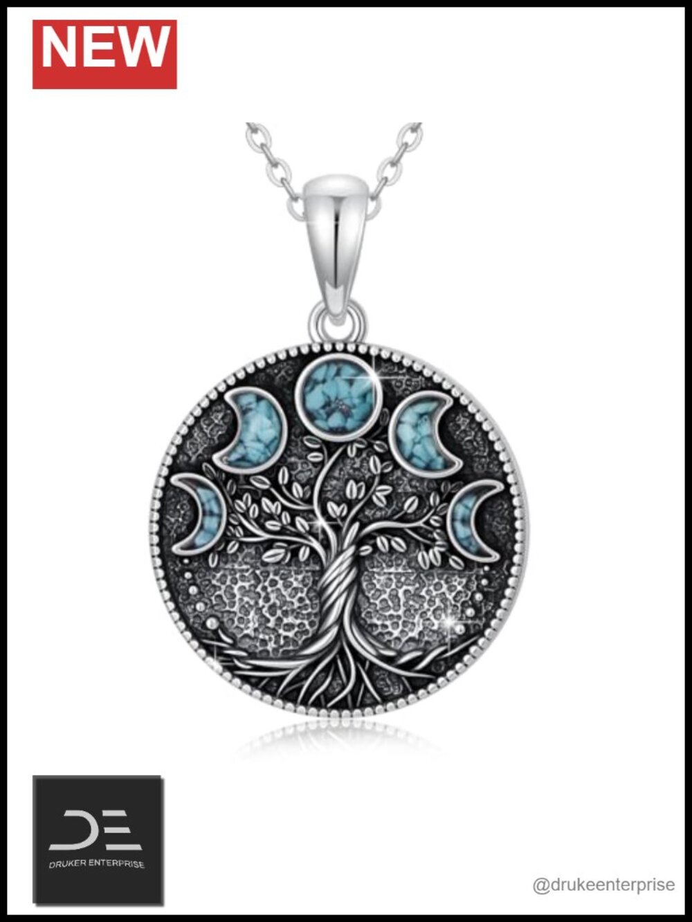 Sterling Silver Tree of Life Necklace Turquoise Moon Phase Pendant